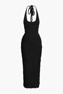 MICAS Maxi Dresses-Sheer Ruffle Texture Halter Backless Maxi Dress