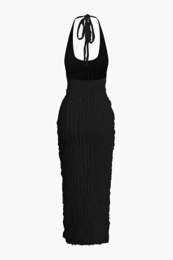 MICAS Maxi Dresses-Sheer Ruffle Texture Halter Backless Maxi Dress