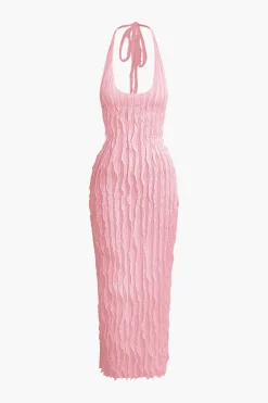 MICAS Maxi Dresses-Sheer Ruffle Texture Halter Backless Maxi Dress