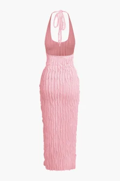 MICAS Maxi Dresses-Sheer Ruffle Texture Halter Backless Maxi Dress