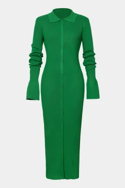 MICAS Long Sleeve Dresses|Maxi Dresses-Shell Sleeve Ribbed Buttons Down Maxi Dress