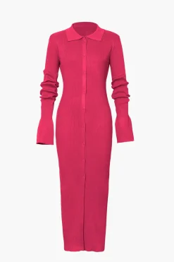 MICAS Long Sleeve Dresses|Maxi Dresses-Shell Sleeve Ribbed Buttons Down Maxi Dress