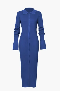 MICAS Long Sleeve Dresses|Maxi Dresses-Shell Sleeve Ribbed Buttons Down Maxi Dress