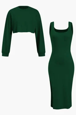 MICAS Long Sleeve Dresses-Side Slit Long Sleeve Midi Dress Set