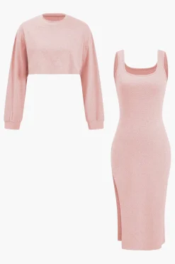 MICAS Long Sleeve Dresses-Side Slit Long Sleeve Midi Dress Set