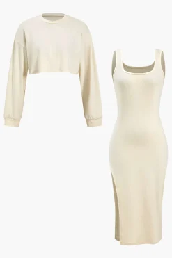 MICAS Long Sleeve Dresses-Side Slit Long Sleeve Midi Dress Set