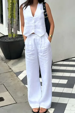 MICAS Pant Sets-Sleeveless Button Vest And Wide Leg Pants Set