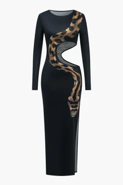 MICAS Long Sleeve Dresses|Maxi Dresses-Snake Print Cut Out Long Sleeve Slit Maxi Dress BLACK