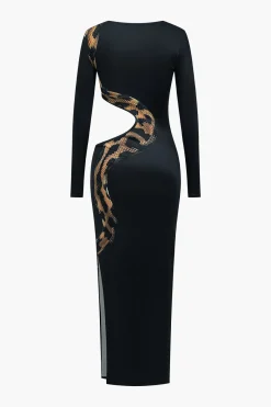 MICAS Long Sleeve Dresses|Maxi Dresses-Snake Print Cut Out Long Sleeve Slit Maxi Dress BLACK