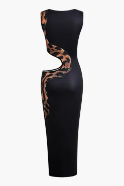 MICAS Maxi Dresses-Snake Print Cut Out Sleeveless Slit Maxi Dress