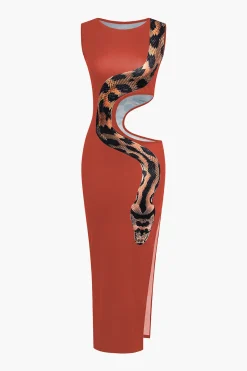 MICAS Maxi Dresses-Snake Print Cut Out Sleeveless Slit Maxi Dress