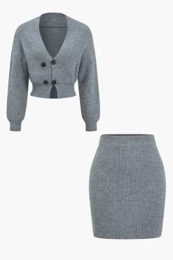 MICAS Knitwear|Knit Sets-Solid Knit Button V-neck Top And Mini Skirt Set