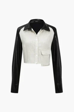 MICAS Long Sleeve Tops|Long Sleeves Tops-Solid Asymmetrical Faux Leather Patchwork Pocket Long-Sleeve Shirt Contrast Color