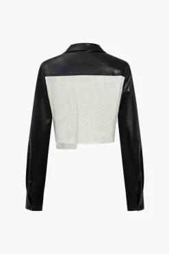 MICAS Long Sleeve Tops|Long Sleeves Tops-Solid Asymmetrical Faux Leather Patchwork Pocket Long-Sleeve Shirt Contrast Color