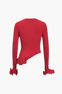 MICAS Long Sleeve Tops|Long Sleeves Tops-Solid Asymmetrical Long-Sleeve Top RED