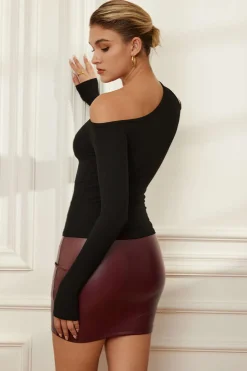 MICAS Long Sleeve Tops|Long Sleeves Tops-Solid Asymmetrical Long-Sleeve Top BLACK