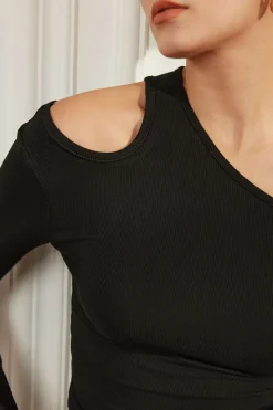 MICAS Long Sleeve Tops|Long Sleeves Tops-Solid Asymmetrical Long-Sleeve Top BLACK