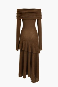 MICAS Long Sleeve Dresses|Maxi Dresses-Solid Asymmetrical Off Shoulder Maxi Dress CINNAMON