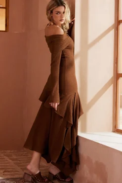 MICAS Long Sleeve Dresses|Maxi Dresses-Solid Asymmetrical Off Shoulder Maxi Dress CINNAMON