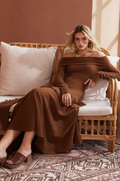 MICAS Long Sleeve Dresses|Maxi Dresses-Solid Asymmetrical Off Shoulder Maxi Dress CINNAMON