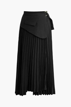 MICAS Skirts-Solid Asymmetrical Pleated Skirt