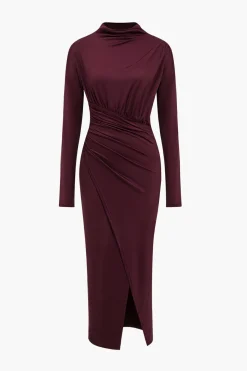 MICAS Long Sleeve Dresses|Maxi Dresses-Solid Asymmetrical Ruched Slit Long-Sleeve Maxi Dress