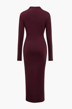 MICAS Long Sleeve Dresses|Maxi Dresses-Solid Asymmetrical Ruched Slit Long-Sleeve Maxi Dress