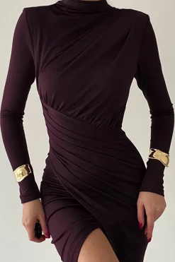 MICAS Long Sleeve Dresses|Maxi Dresses-Solid Asymmetrical Ruched Slit Long-Sleeve Maxi Dress