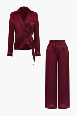 MICAS Pant Sets|Vacation Sets-Solid Asymmetrical Shirt And Trousers Set BURGUNDY