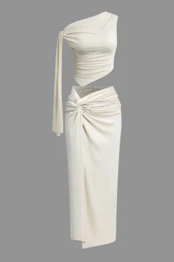 MICAS Skirt Sets|Vacation Sets-Solid Asymmetrical Top And Twist Slit Skirt Set NUDE