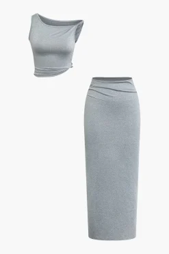 MICAS Skirt Sets-Solid Asymmetrical Twist Knot Top And Midi Skirt Set GRAY