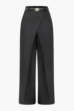 MICAS Pants-Solid Asymmetrical Wrap Belted Trousers BLACK