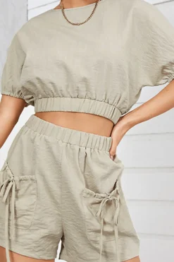 MICAS Short Sets-Solid Backless Bow Knotted Short Set KHAKI