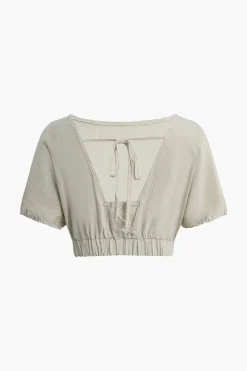 MICAS Short Sets-Solid Backless Bow Knotted Short Set KHAKI