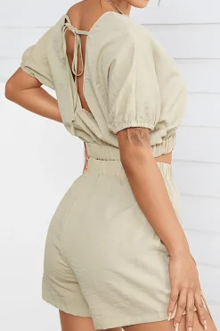 MICAS Short Sets-Solid Backless Bow Knotted Short Set KHAKI