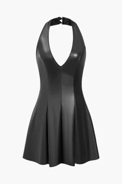 MICAS Mini Dresses-Solid Backless Halter Faux Leather Mini Dress BLACK