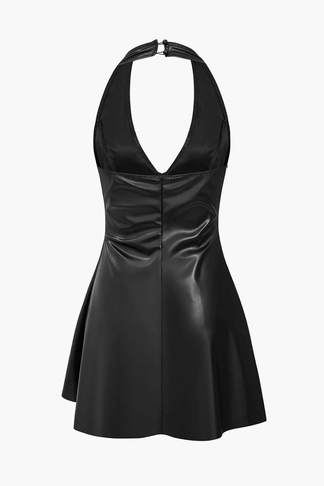 MICAS Mini Dresses-Solid Backless Halter Faux Leather Mini Dress BLACK