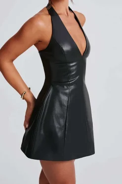 MICAS Mini Dresses-Solid Backless Halter Faux Leather Mini Dress BLACK