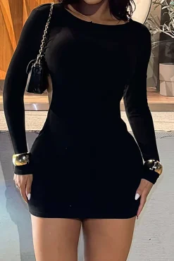 MICAS Long Sleeve Dresses|Mini Dresses-Solid Backless Long Sleeve Mini Dress BLACK