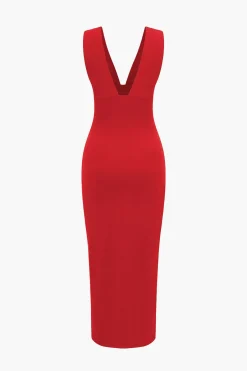 MICAS Midi Dresses-Solid Backless Ruched Slit Midi Dress