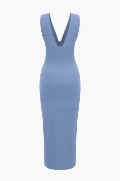 MICAS Midi Dresses-Solid Backless Ruched Slit Midi Dress