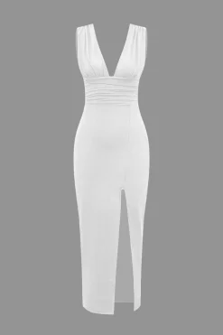 MICAS Midi Dresses-Solid Backless Ruched Slit Midi Dress