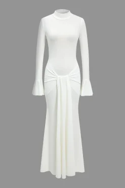 MICAS Long Sleeve Dresses|Maxi Dresses-Solid Bell Sleeve Long Sleeve Maxi Dress WHITE