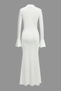 MICAS Long Sleeve Dresses|Maxi Dresses-Solid Bell Sleeve Long Sleeve Maxi Dress WHITE