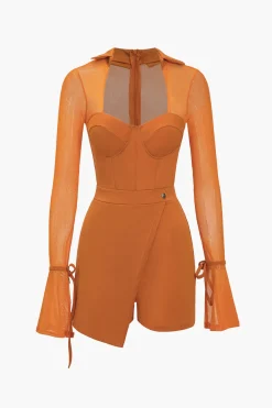 MICAS Jumpsuits & Rompers-Solid Bell Sleeves Contrast Mesh Bustier Zipper Romper PERSIMMON