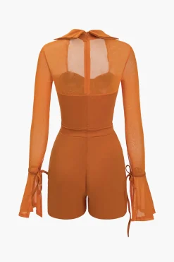 MICAS Jumpsuits & Rompers-Solid Bell Sleeves Contrast Mesh Bustier Zipper Romper PERSIMMON