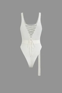 MICAS Bodysuits-Solid Belted Back Tie Bodysuit IVORY