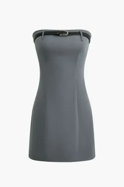 MICAS Mini Dresses-Solid Belted Strapless Mini Dress GRAY