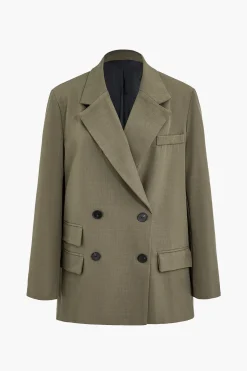 MICAS Outerwear|Outerwear-Solid Blazer Double Breasted Pocket KHAKI