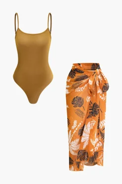 MICAS Skirt Sets-Solid Bodysuit And Leaves Print Knot Wrap Skirt Set Contrast Color